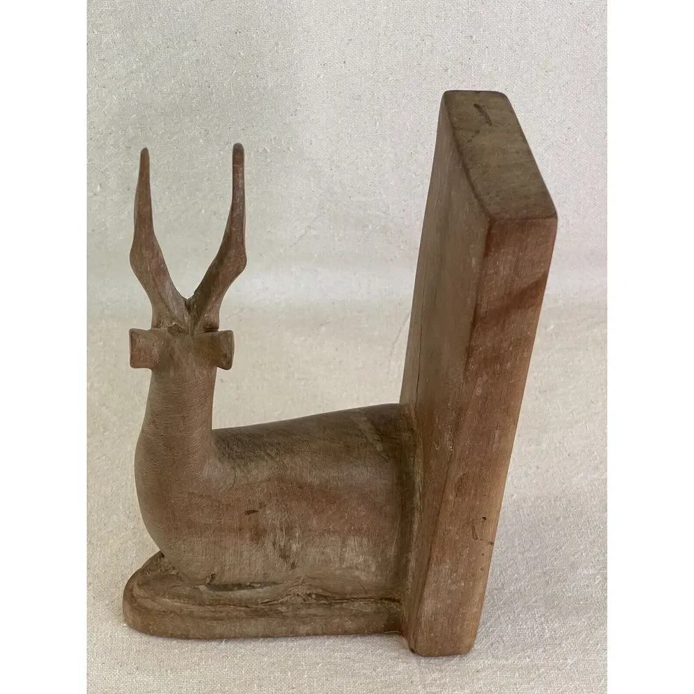 Mid-Century Decor Wood Deer Bookend (1) Hand Carved Antelope Gazelle Heavy Solid